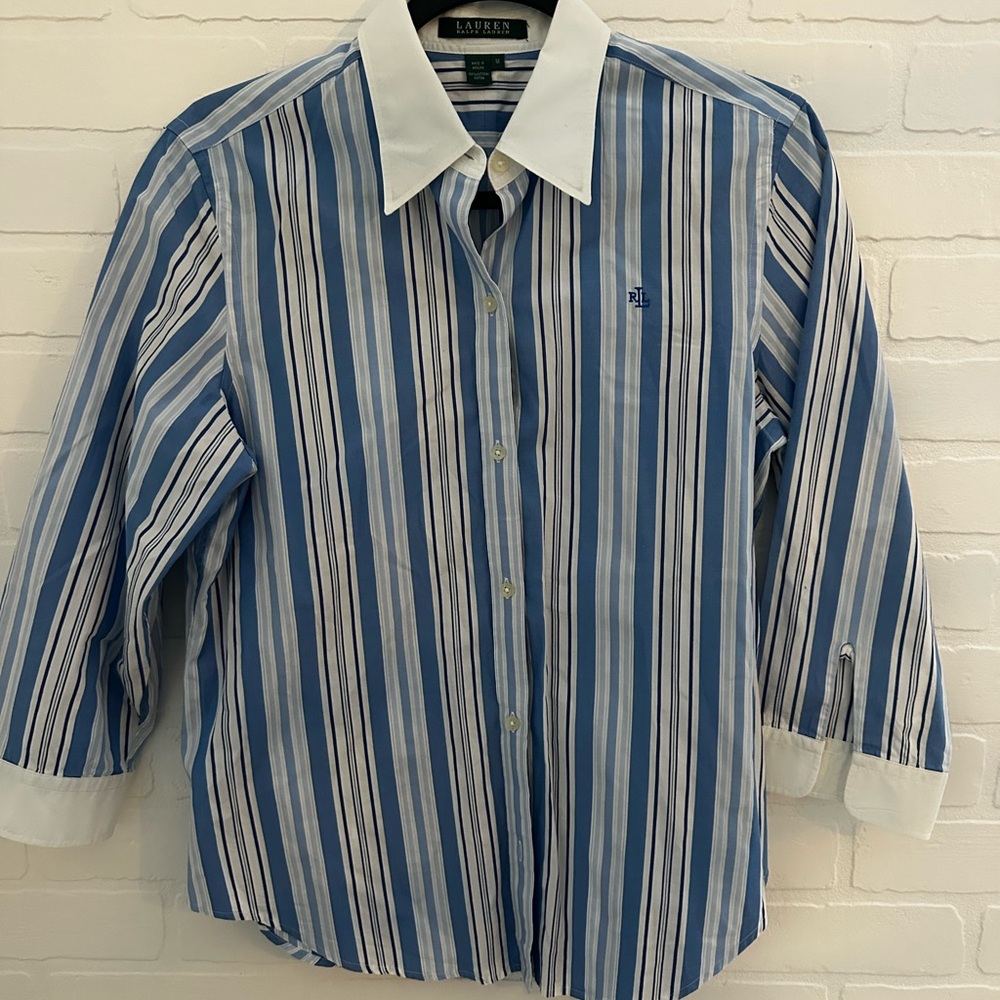 Lauren Ralph Lauren Blue and White Striped Dress Shirt with White Collar